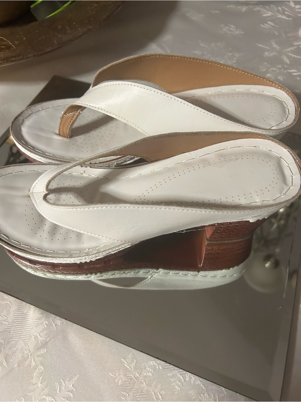 Women's White Wedge Thong Sandals